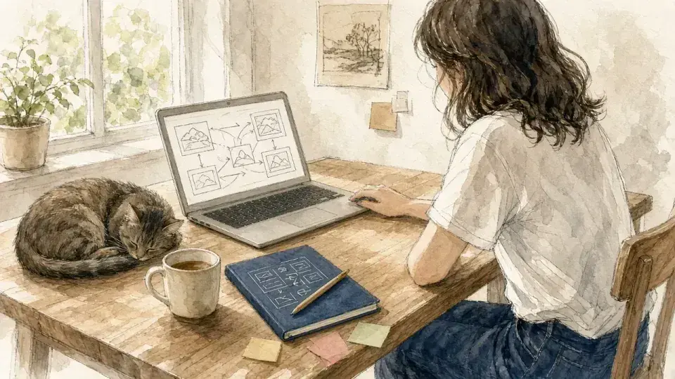 Sketch of me working at my laptop, with my cat asleep beside it