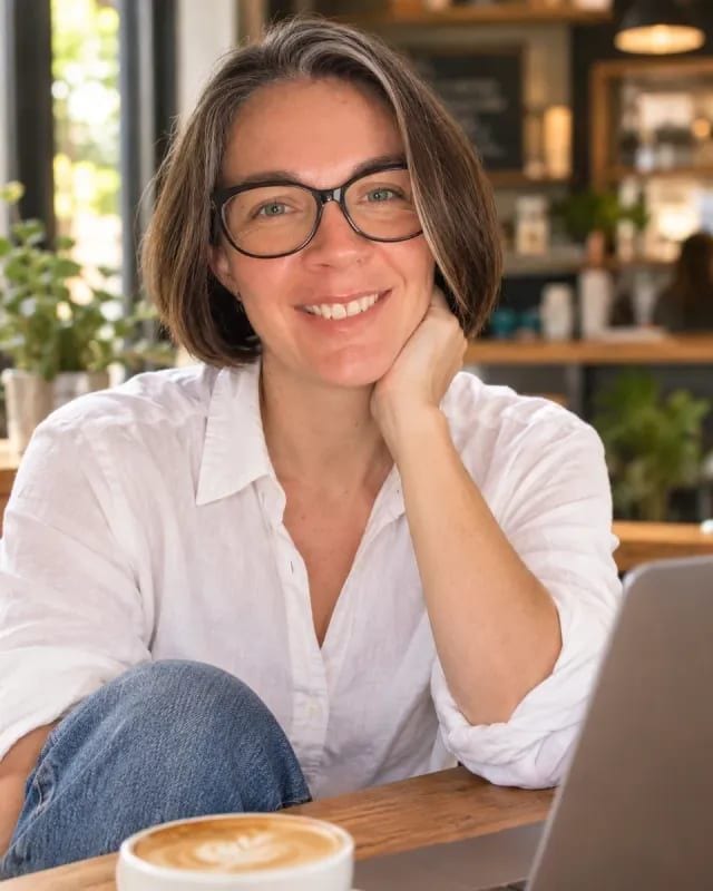 Jani Rostoll smiling at a coffee shop table with a cappuccino and laptop