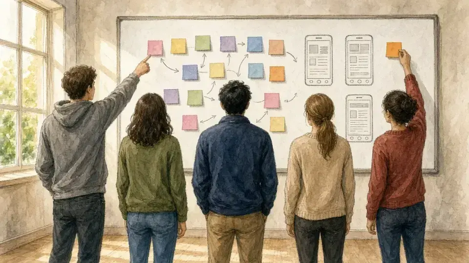 A hand-drawn sketch of a software team standing around a whiteboard story map of sticky notes and phone sketches.
