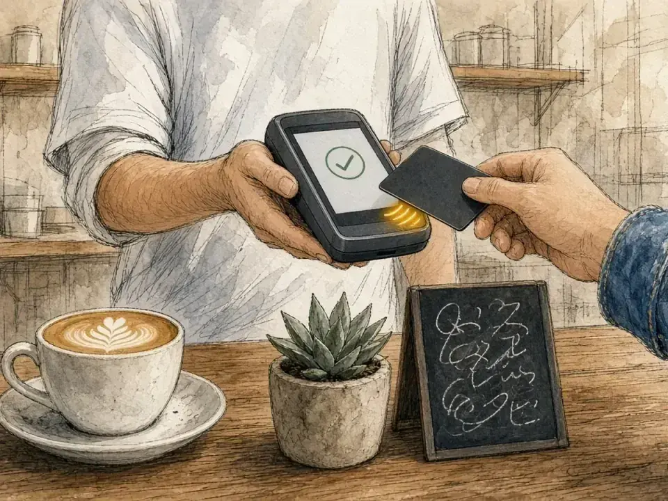 Sketch of a customer tapping a card on a handheld card machine at a coffee shop counter