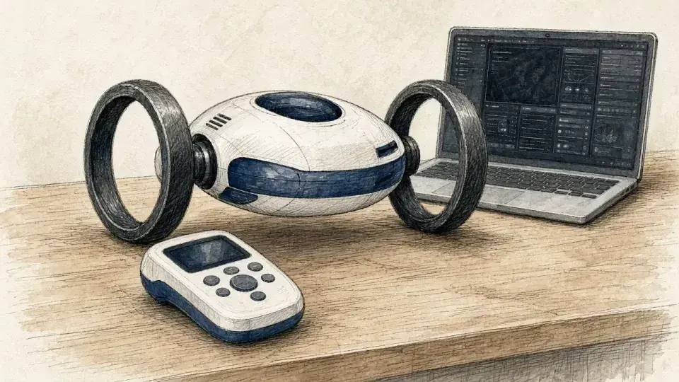 A hand-drawn sketch of the Roboni-i robot with its game remote and the Command Center software on a laptop.